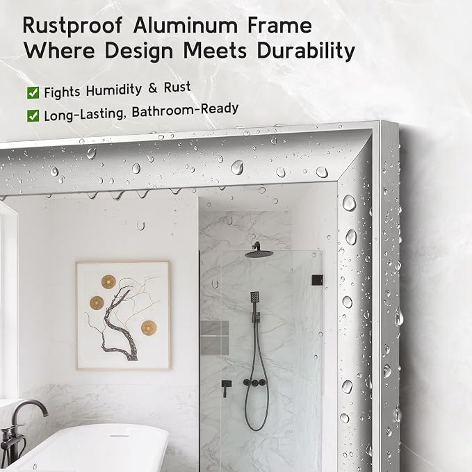 Brushed Nickel Bathroom Mirrors for Over Sink 24x36 Inch | Silver Rectangle Vanity Mirror, Wall Decor for Bedroom, Entryway, Living Room, Aluminum Framed, Curved Wide Edge, Anti-Rust