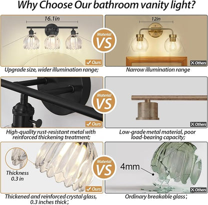 Matte Black 3 Light Bathroom Vanity Light,18.8in Modern Bathroom Lighting Fixtures Over Mirror with Tulip Crystal Glass Shade,Vintage Vanity Lights for Bathroom for Living Room（not include Bulbs)
