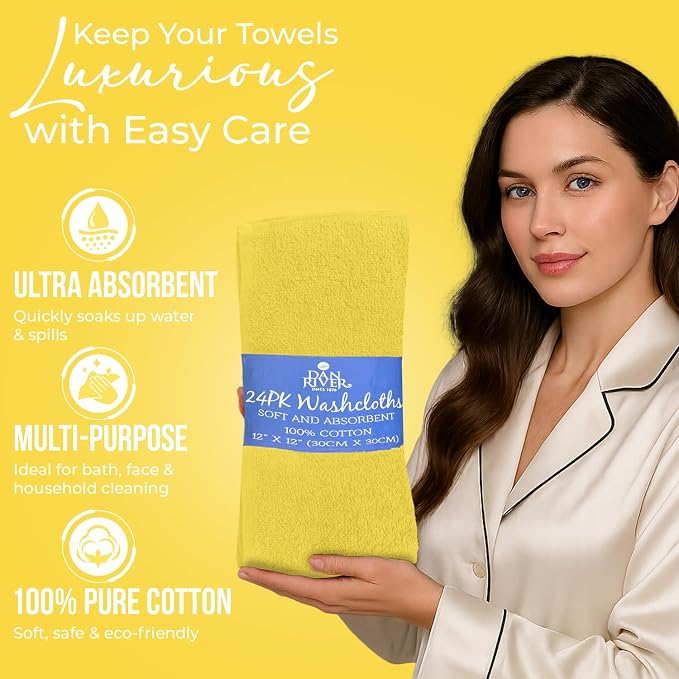 DAN RIVER 24 Pack Cotton Wash Cloths Set for Showering [12x12] Yellow | Lighter Weight, Quick to Dry, Super Soft & Absorbent Face Towels, Hotel Quality, Perfect for Bathroom, Gym, Spa