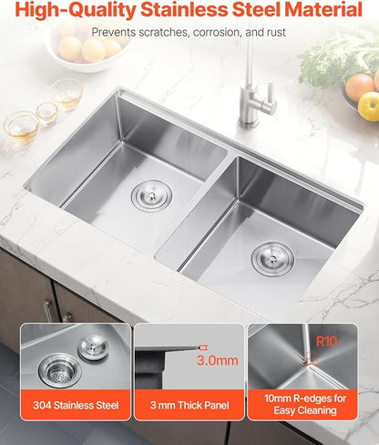 VEVOR 33 inch Kitchen Double Sink, 304 Stainless Steel Undermount Sink Drop-In Single Bowl Farmhouse Basin with Ledge & Multiple Accessories, Household Dishwasher Sinks for Prep Kitchen, Bar 33"*19"
