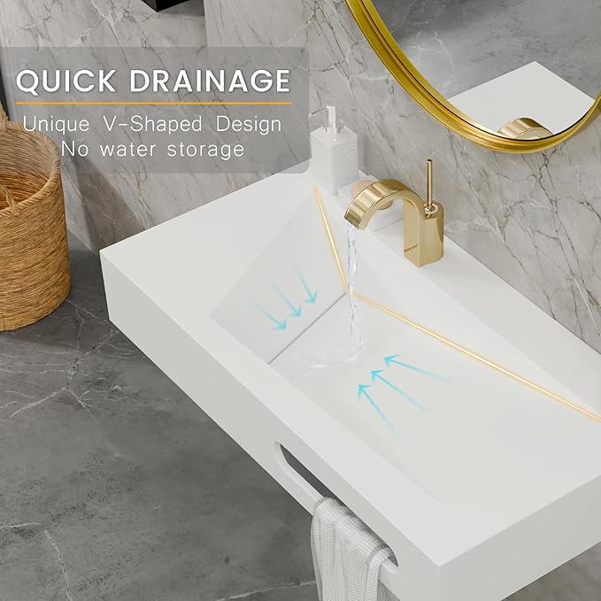 QJ&XY Resin Bathroom Sink 36" Wall Mounted V-Shaped White Basin with Towel Rack, Floating Vanity Sink in Soft-Touch Finish (Single Tier)