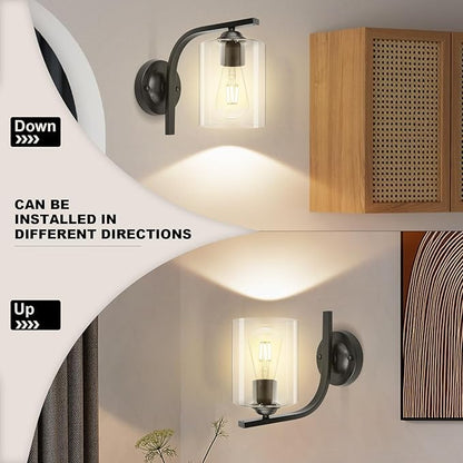 CANMEIJIA Wall Sconce 2 Light, Modern Wall Lighting Fixture, Bathroom Vanity Lights with Matte Black Wall Lamp for Bedroom Kitchen Hallway Porch, Clear Glass Shade, E26 Socket, Bulbs Not Included
