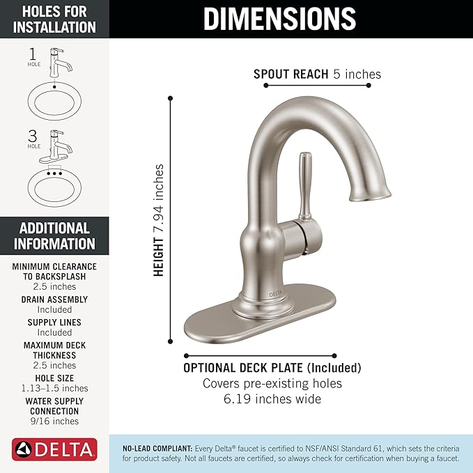 Delta Roe Brushed Nickel Bathroom Faucet 1 Hole, Single Hole Bathroom Sink Faucet for Vanity, Push-Pop Drain Assembly, Stainless 15985LF-SS