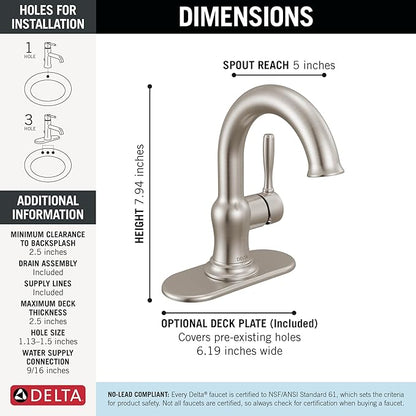 Delta Roe Brushed Nickel Bathroom Faucet 1 Hole, Single Hole Bathroom Sink Faucet for Vanity, Push-Pop Drain Assembly, Stainless 15985LF-SS