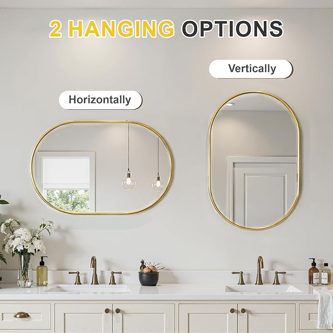 Oval Bathroom Mirror for Wall, 20"x30" Gold Bathroom Vanity Mirror | HD Shatterproof Glass, Metal Framed, Oval Vanity Mirrors for Bathroom, Bedroom, Living Room, Entryway, Horizontal or Vertical