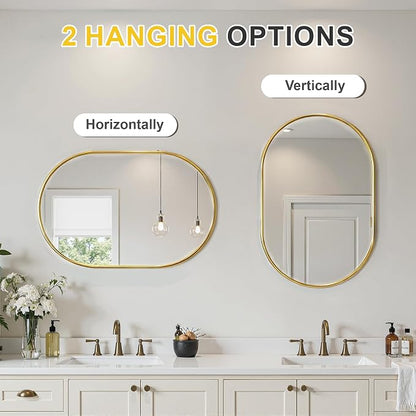 Oval Bathroom Mirror for Wall, 20"x30" Gold Bathroom Vanity Mirror | HD Shatterproof Glass, Metal Framed, Oval Vanity Mirrors for Bathroom, Bedroom, Living Room, Entryway, Horizontal or Vertical