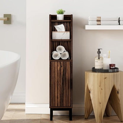 Small Bathroom Storage Cabinet, Corner Floor Cabinet with Door and Shelves, Narrow Toilet Paper Cabinet, Bathroom Organizer with Adjustable Shelf, for Small Spaces (Walnut)