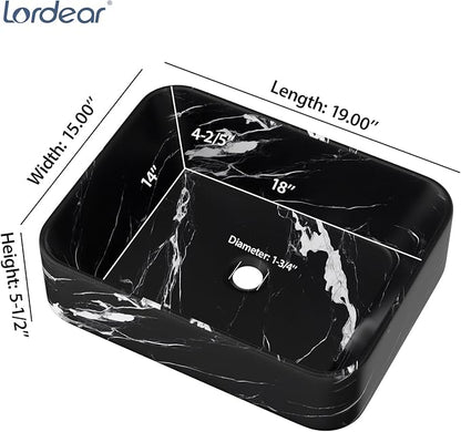 Lordear 19"x15" Rectangular Vessel Sink – Modern Above Counter Bathroom Sink Marble Porcelain Ceramic Vanity Art Basin