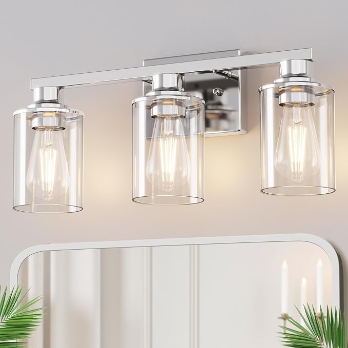 DORESshop 17 Inch 3-Light Chrome Bathroom Vanity Light Over Mirror | Modern Vanity Mirror Light, Brushed Chrome Vanity Light with Clear Glass Shade, Wall Mount Lighting for Bedroom Living Room