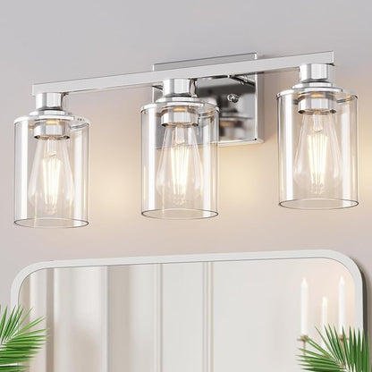 DORESshop 17 Inch 3-Light Chrome Bathroom Vanity Light Over Mirror | Modern Vanity Mirror Light, Brushed Chrome Vanity Light with Clear Glass Shade, Wall Mount Lighting for Bedroom Living Room