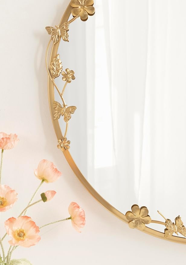 Kate and Laurel Rosella Modern Ornate Round Wall Mirror, 26 Inch Diameter, Gold, Circle Mirror with Floral Detailing for Use as Bathroom Mirror for Over Sink or Cute Dorm Room Decor