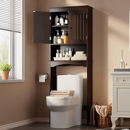 Gizoon Over the Toilet Storage Cabinet with Adjustable Shelf, Espresso | Bathroom Space Saver Organizer Above Toilet with Open Shelf and Double Doors, Taller Wooden Free Standing Toilet Rack