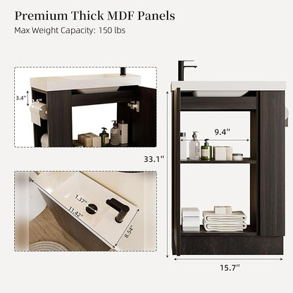 20" Small Bathroom Vanity with Sink Narrow Depth Bathroom Vanities,Wood Vanity Cabinet,Soft Closing Door,Adjustable Shelves,Modern Wall Decor,Black