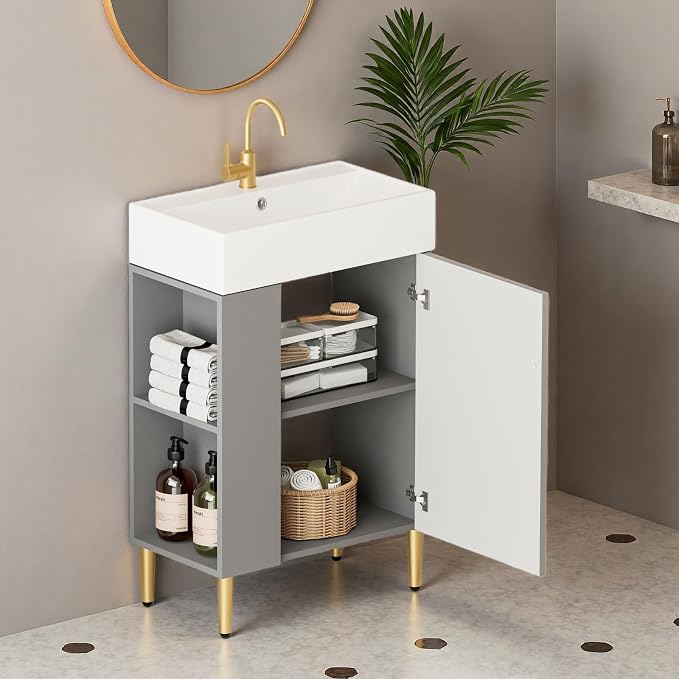 21.6" Freestanding Bathroom Vanity with Ceramic Sink, Matte Gray | Ceramic Sink, Wave-Pattern Door & Two-Layer Left Open Compartment, Bathroom Storage Cabinet, Easy Installation