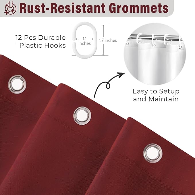 Seasonwood Burgundy Shower Curtain with Nature Buttons Ruffle Shower Curtains Farmhouse Shower Curtain for Bathroom 72" W x 78" L,Burgundy/Red