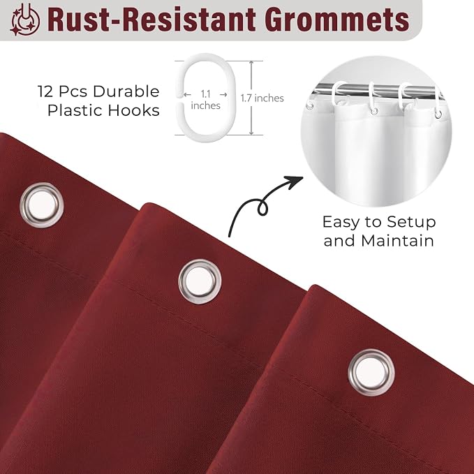 Seasonwood Burgundy Shower Curtain 72" W x 72" L,Burgundy/Red | Natural button accents, layered fabric tiers, shabby chic and French country styling for decorative bathroom updates