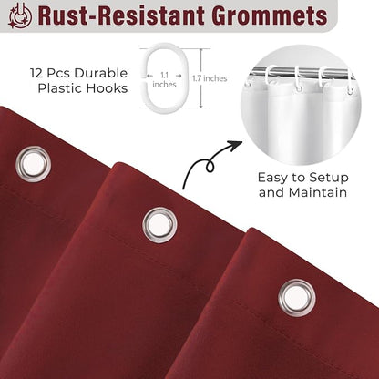 Seasonwood Burgundy Shower Curtain 72" W x 72" L,Burgundy/Red | Natural button accents, layered fabric tiers, shabby chic and French country styling for decorative bathroom updates
