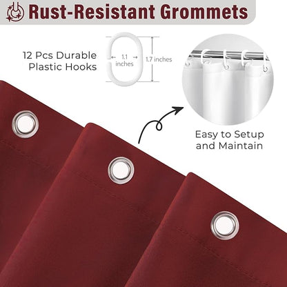 Seasonwood Burgundy Shower Curtain with Nature Buttons Extra Long Shower Curtain Ruffle Shower Curtains Farmhouse Shower Curtains for Bathroom 72" W x 84" L,Burgundy/Red