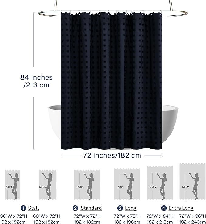 Extra Long Boho Shower Curtain Woven Fabric 84 Inch Navy Blue Shower Curtain, 72 x 84 Tufted Pleat Floral Puffs Textured Modern Minimalist Shower Curtain Set with Hooks for Bathroom