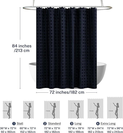 Extra Long Boho Shower Curtain Woven Fabric 84 Inch Navy Blue Shower Curtain, 72 x 84 Tufted Pleat Floral Puffs Textured Modern Minimalist Shower Curtain Set with Hooks for Bathroom