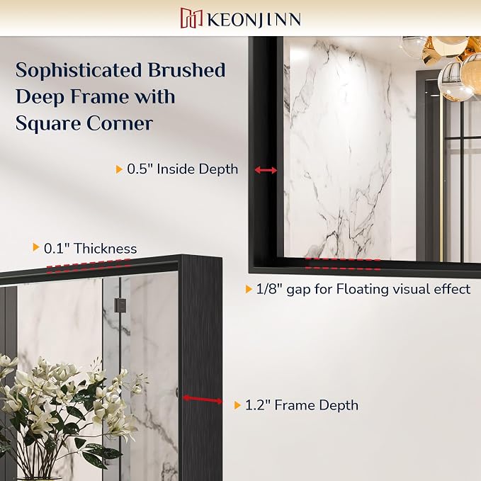 Keonjinn 22x30 Inch Black Bathroom Mirror for Over Sink,HD Tempered Glass | Rectangular, Vanity Mirror, Brushed Framed, Square Corner, Modern Farmhouse, Wall Mounted Mirrors, Aluminum Alloy