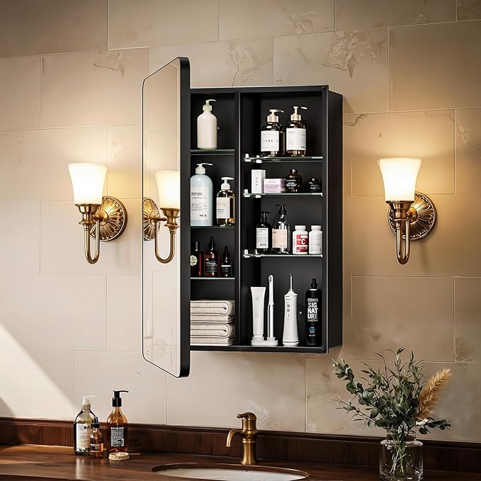 Bathroom Medicine Cabinet with Mirror, 20x30 Inch Recessed or Surface Mount Wall Organizer, Fits Tall Bottles, 6 Adjustable Glass Shelves, Soft Close DTC Hinges, Matte Black, Pre-Assembled