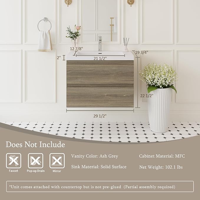 Floating Bathroom Vanity with Sink, 30" Wall Mount Bathroom Storage Vanity | Resin Top Basin and Soft Close Drawers, No Assembly Required, Ash Grey
