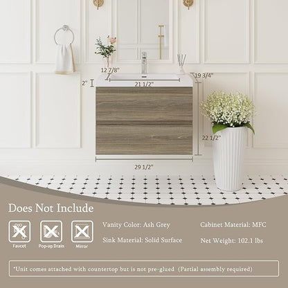 Floating Bathroom Vanity with Sink, 30" Wall Mount Bathroom Storage Vanity | Resin Top Basin and Soft Close Drawers, No Assembly Required, Ash Grey