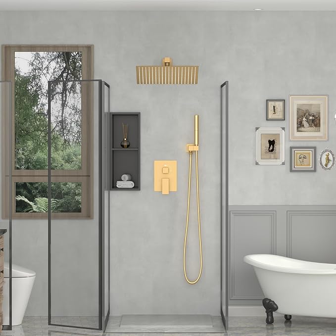 16 In Rain Shower Head High Pressure Rainfall Shower Head Brushed Gold | Square Rain Bathroom Showerhead, High Flow, Large Stainless Steel, Ceiling Mounted, Wall Mounted, Waterfall Full Body
