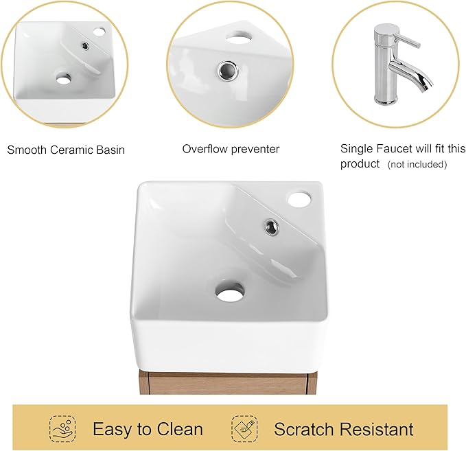 Malwee 12 Inch Wall-Hung Vanity, Corner Vanity, 12'' Floating Bathroom Vanity with Sink, with 1 Door and White Ceramic Basin Sink Top (045-12)