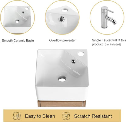 Malwee 12 Inch Wall-Hung Vanity, Corner Vanity, 12'' Floating Bathroom Vanity with Sink, with 1 Door and White Ceramic Basin Sink Top (045-12)