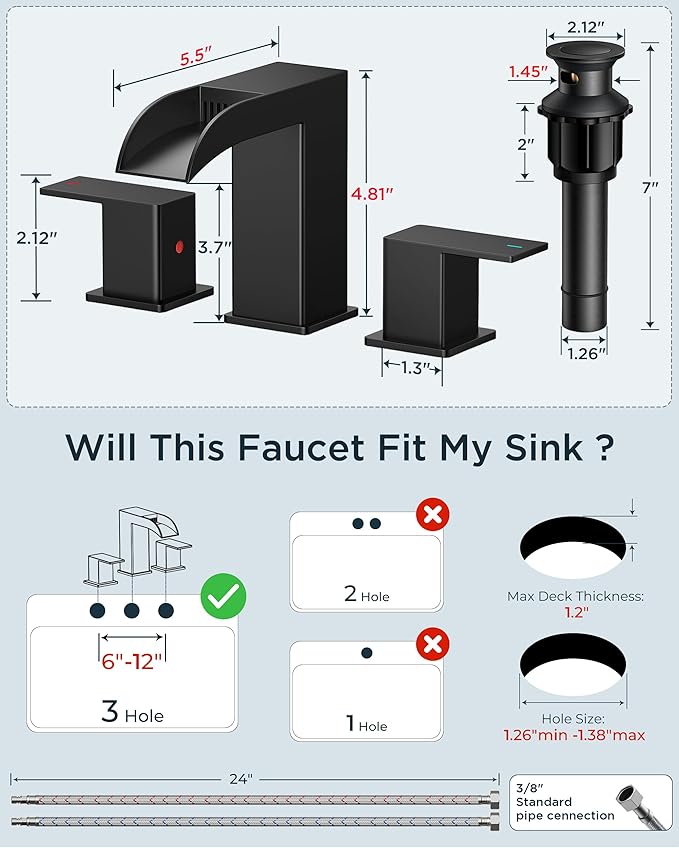 FORIOUS Matte Black Bathroom Faucets 3 Hole, 8 Inch Widespread Square Waterfall Bathroom Sink Faucet with Metal Pop-up Drain and cUPC Supply Lines, Two Handles for Vanity, Restroom, Commercial