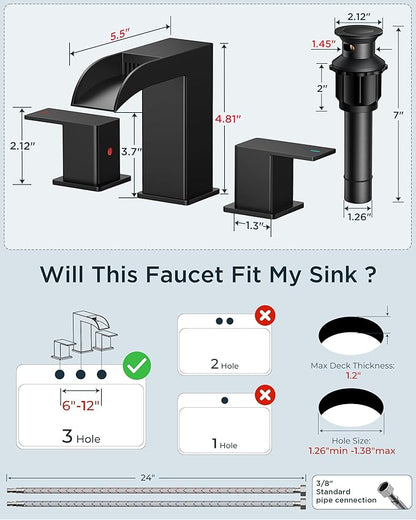 FORIOUS 2 Pack, Waterfall Bathroom Faucets 3 Hole, 8 Inch Widespread Square Matte Black Bathroom Sink Faucet with Metal Pop-up Drain and cUPC Supply Lines, Two Handles for Vanity, Restroom, Commercial