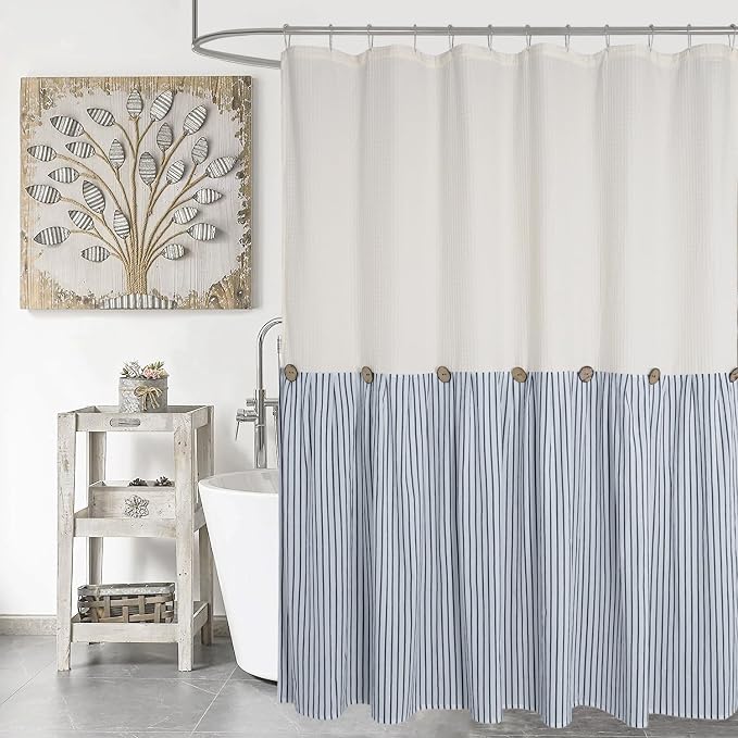 DOSLY Ides Farmhouse Shower Curtain, Beige and Blue Striped, Button Curtain, Spa Waffle and Cotton Woven Fabric, Rustic Charm Country Chic Style, 72x72 in, Bathroom