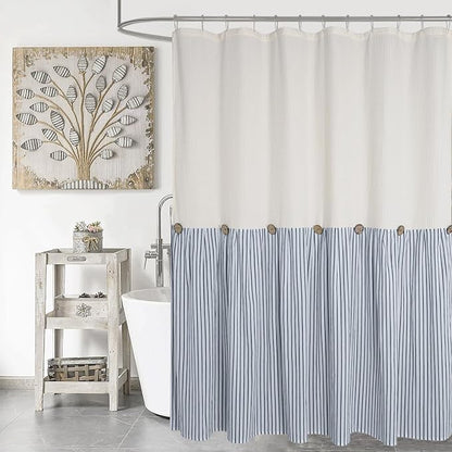 DOSLY Ides Farmhouse Shower Curtain, Beige and Blue Striped, Button Curtain, Spa Waffle and Cotton Woven Fabric, Rustic Charm Country Chic Style, 72x72 in, Bathroom
