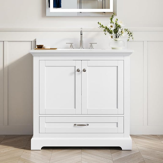 WELLFOR 36" Bathroom Vanity with Sink, Bathroom Freestanding Vanity W/ 2 Soft-Close Doors and 1 Soft-Close Drawers, Bathroom Cabinet Vanity with Engineered Stone Countertop, White