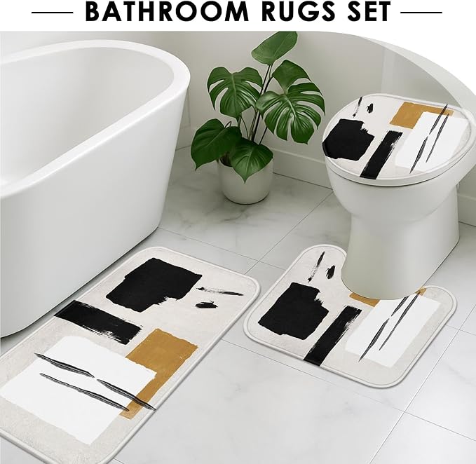 Bathroom Sets with Shower Curtain and Rugs, Boho 4 Pcs, Geometric | Minimalist Modern Abstract Art Bathroom Decor Set with Toilet Lid Cover, Non-Slip Bath Mats and Accessories 12 Hooks