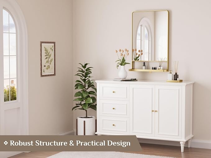 Keonjinn 18" x 28" Gold Bathroom Mirror with Shelf, Rounded Corner | Rust-Resistant, Rectangle Metal Bathroom Vanity Mirror with Storage, French Cleat Mount, Entryway, Bedroom, Hallway, Décor