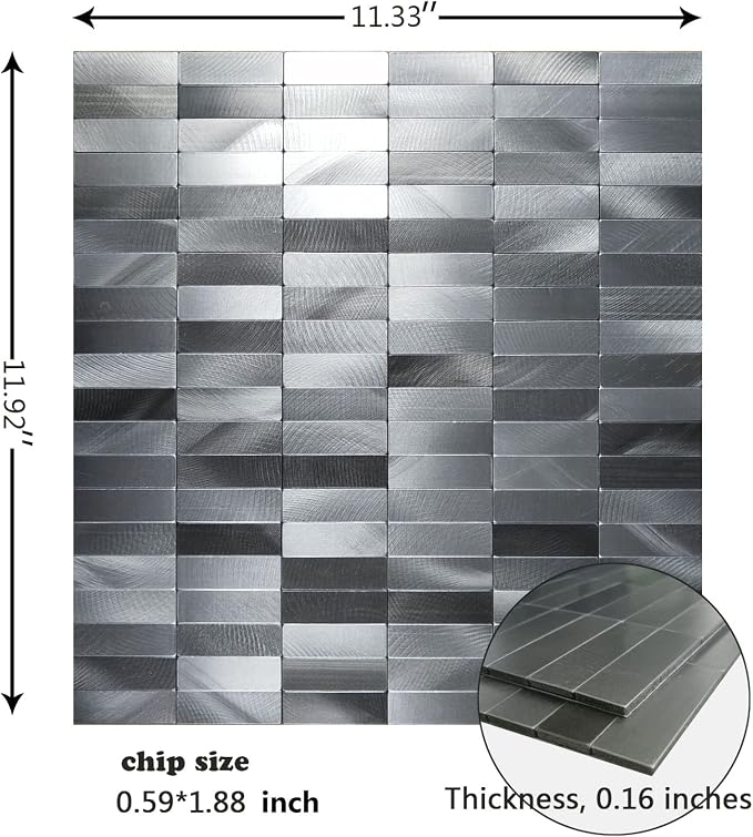 XUANINY Peel and Stick Tile Backsplash Self- Adhesive Wall Tiles Aluminum Mosaic Sticker for Kitchen (11.33"x11.92" Per Sheet, Pack of 5 pcs) (Long Silver Grey 5)