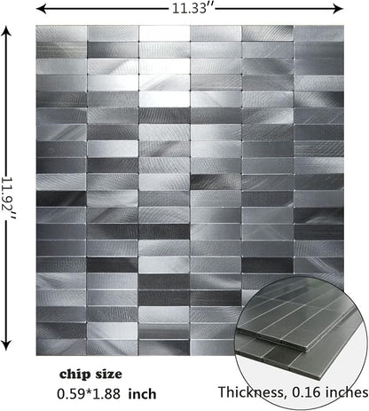 XUANINY Peel and Stick Tile Backsplash Self- Adhesive Wall Tiles Aluminum Mosaic Sticker for Kitchen (11.33"x11.92" Per Sheet, Pack of 10 pcs) (Long Silver Grey)