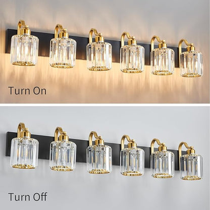 Modern Bathroom Vanity Light 6-Lights Black Gold Crystal Bathroom Wall Light Vanity Light Fixtures with Round Shade (Exclude Bulb)