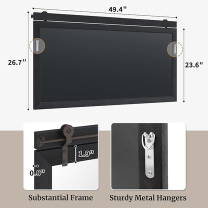 27"x49" Black Wood Grain Barn Door Wall Mirror with Wood Header | 100% solid wood, HD tempered glass, bronze-tone iron rail; large farmhouse wall mirror for double vanity, mantel, entryway