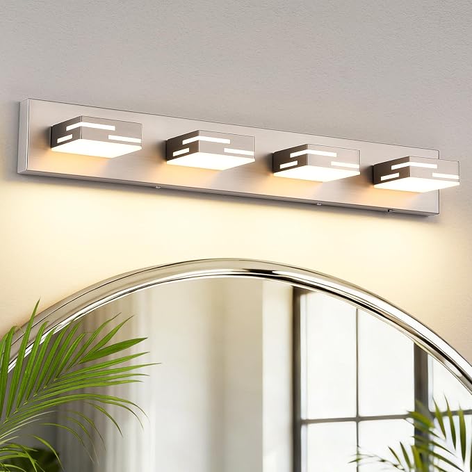 4-Light 5CCT Modern Bathroom Vanity Light Fixtures, 30-Inch 350° Rotatable LED Vanity Lights Over Mirror, Dimmable Brushed Nickel Wall Sconce with Frosted Acrylic Shade