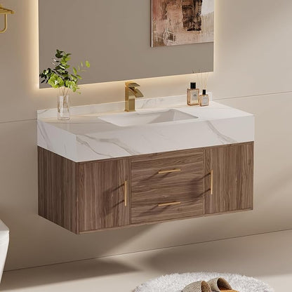39.3" Floating Bathroom Vanity Set, Modern Wall-Mounted Vanity with Sintered Stone Countertop, Undermount Sink & Walnut Finish, Easy to Clean