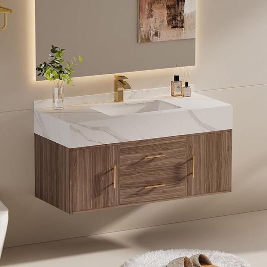 39.3" Floating Bathroom Vanity Set, Modern Wall-Mounted Vanity with Sintered Stone Countertop, Undermount Sink & Walnut Finish, Easy to Clean