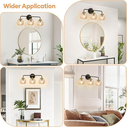 Bathroom Light Fixtures, 3-Light Amber Vanity Lights with Unique Leaf Texture Glass Shade, Modern Matte Black and Gold Bathroom Wall Lamp for Mirror Hallway Cabinet Living Room