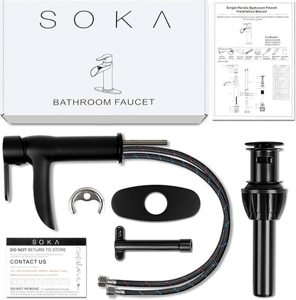 Matte Black Bathroom Faucet Waterfall Bathroom Sink Faucets Single Handle Single Hole Lavatory Washbasin Faucet with Pop Up Drain, Modern Vanity Sink Faucet