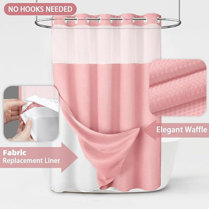 No Hook Shower Curtain and Liner Set,Pink Hotel Waffle Shower Curtain with Liner 75" L x 72" W