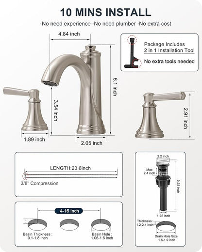 3 Hole Bathroom Faucet Brushed Nickel, 8 Inch 2 Handles with Drain | Lead-Free Brass, Widespread Bathroom Sink Faucet, Pre-installed cUPC Supply Lines, 10 Mins Install, For Vanity Rv Lavatory