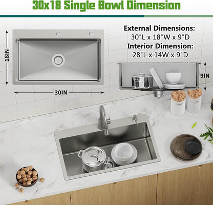 30x18 In Drop Inch Kitchen Sink-Stainless Steel Topmount Modern Single Bowl Kitchen Sink Come With Silicon Mat, Drain Strainer Set Offer Large Basin And Compatibility With Various Kitchen&Bar Style